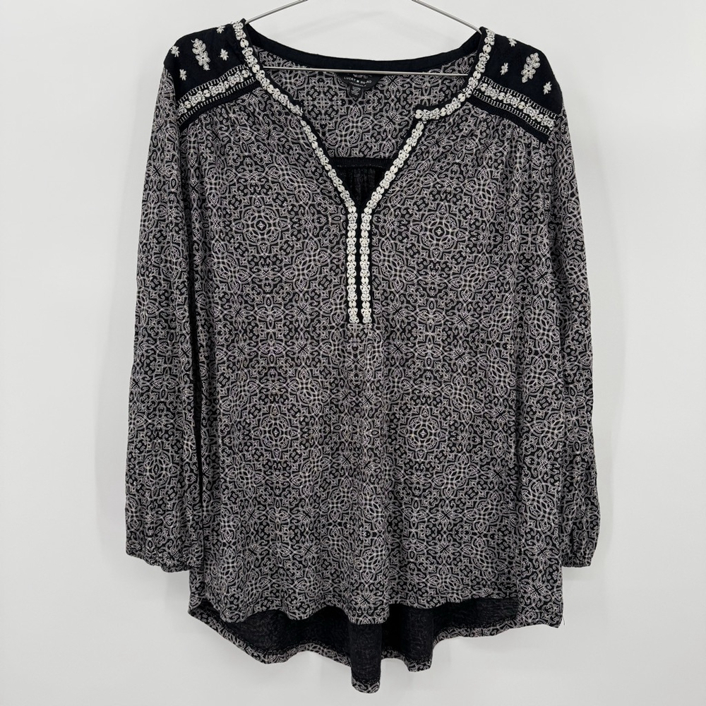 Lucky Brand Black & White Blouse Embroidered Boho Long Sleeves V Neck Tunic 2X